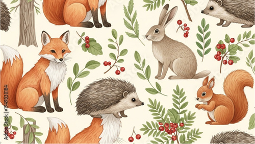 Forest animals interact peacefully with each other outdoors in nature.