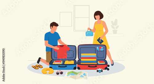 A couple packs their luggage with clothes, toiletries, a passport, and travel essentials