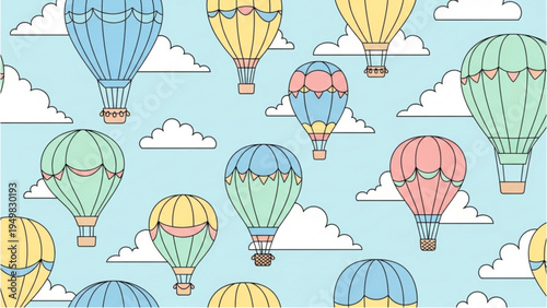 Colorful hot air balloons float gently across a clear blue sky with fluffy white clouds.