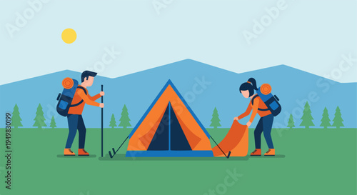 Campers set up a tent in a serene mountain landscape under a bright sun