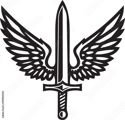 A powerful black and white emblem featuring a formidable sword with majestic wings spread wide,