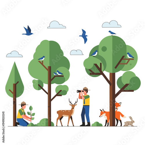 People interacting with forest wildlife.