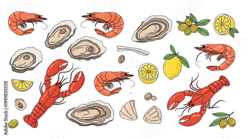 Fresh seafood arrangement with oysters, lobsters, and lemons on a table