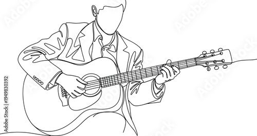 Minimalist continuous line drawing of musician playing acoustic guitar, single line art, musical performance, elegant guitarist silhouette, isolated on white background