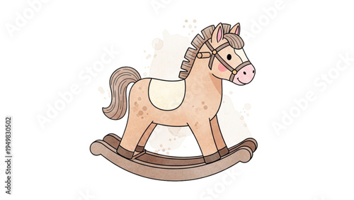 A brown rocking horse toy sits on a wooden rocker indoors.