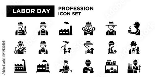 Minimalist black and white Labor Day profession icon set. Professional and informative graphic design element representing various occupations.