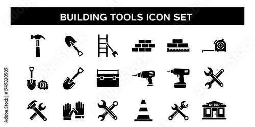 Minimalist Professional Building Tools Icon Set Graphic Design for Construction and Repair Industry Projects