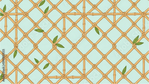 A close-up view of a geometric pattern with green leaves on a light blue background.