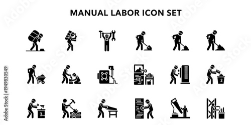 Professional Minimalist Manual Labor Icon Set representing hard work, construction, and industrial workers. This collection of silhouettes is perfect for business and technology projects.