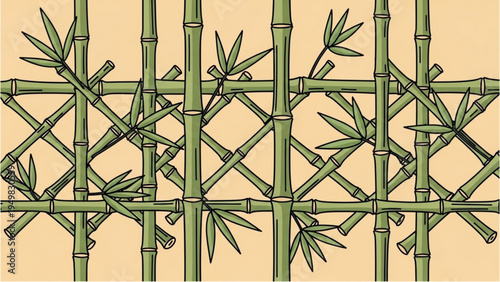 Detailed illustration of bamboo stalks and leaves forming a natural fence against a beige background