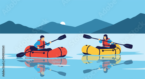 Two people in colorful inflatable rafts paddling on a calm lake with mountains