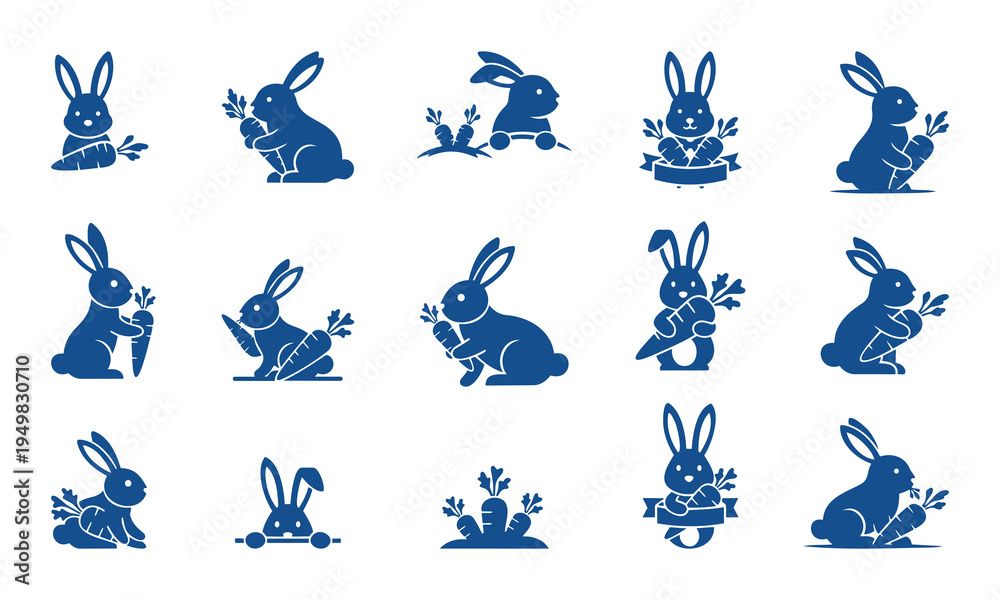 Fototapeta premium Collection of blue rabbit silhouettes in various poses