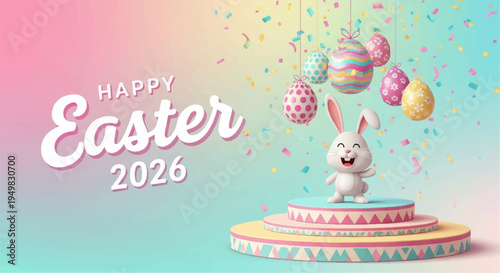 Happy easter 2026 celebration with white bunny on colorful cake and eggs