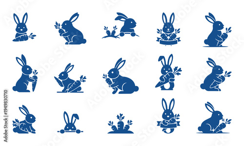 Collection of blue rabbit silhouettes in various poses