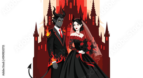 A demonic couple, adorned in dark attire with fiery accents, stands before a gothic castle