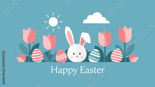 Happy Easter greeting with bunny peeking out of grass surrounded by pink tulips and decorated eggs