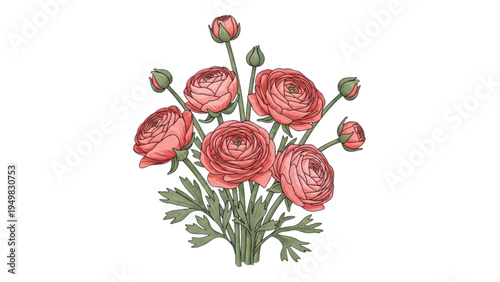 A vibrant bouquet of pink flowers with green leaves on stems
