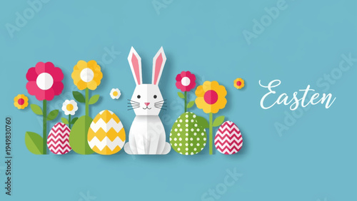 Cute white Easter bunny surrounded by colorful flowers and patterned eggs papercraft vector illustration