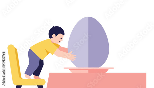 Little boy standing on yellow chair reaching for a giant purple Easter egg flat vector illustration