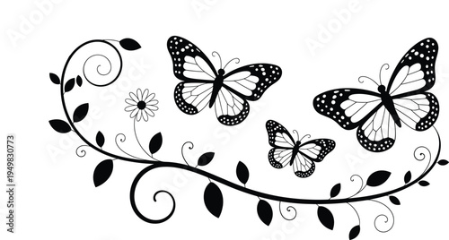 Black and white butterfly illustration, floral vine design, decorative daisy flower, ornamental nature artwork, symmetrical tattoo style, elegant vector silhouette