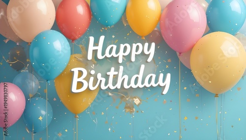 Happy birthday background with flat style line balloons, colorful minimal celebration design, festive party illustration.