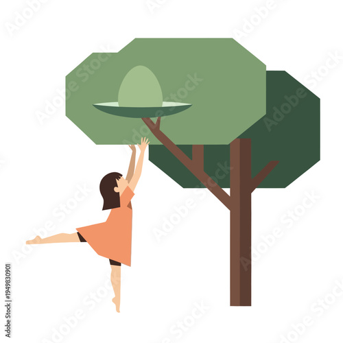 Little girl in orange dress reaching up to find a hidden Easter egg in a green tree during a spring egg hunt