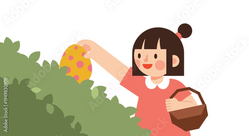 Cute little girl with a basket finding a decorated Easter egg hidden inside a green bush during an egg hunt