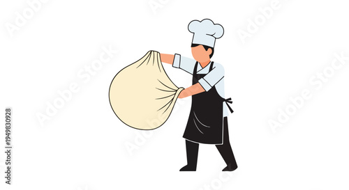 A chef in a black apron and white hat holds a large bundle of light-colored dough