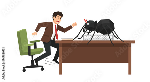 Terrified businessman running away from a giant black bug insect on his computer desk representing prank office, april fools