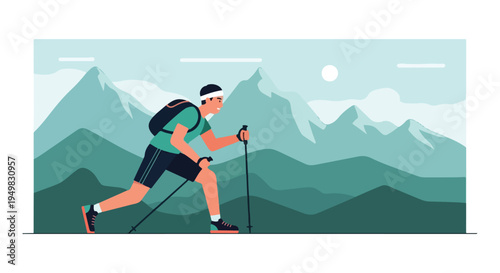 Athletic man hikes across a mountain range with sun in the sky