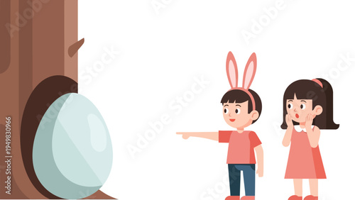 Surprised children finding a giant shiny Easter egg next to a tree trunk during a magical spring egg hunt