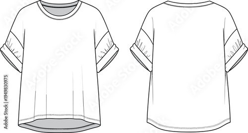 Women Crew Neck Oversized T-Shirt Fashion Flat Sketch With Short Dolman Sleeves Ruched Cuffed Detail And High Low Curved Hemline.