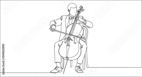 Minimalist continuous single line drawing of a male cellist in a formal suit playing a cello, modern elegant music illustration,