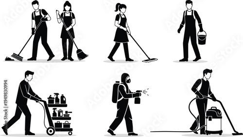 Cleaning service workers silhouettes set, janitors sweeping mopping disinfecting vacuuming, professional housekeeping staff vector illustration collection isolated