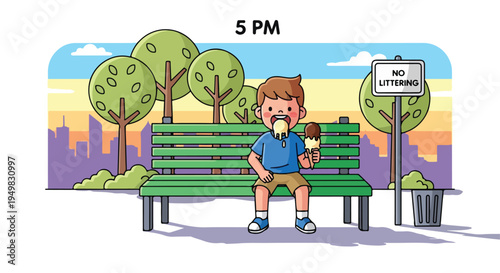 Boy eating ice cream on park bench with city skyline at sunset