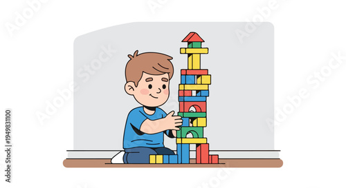 Young boy building a tall tower with colorful wooden blocks