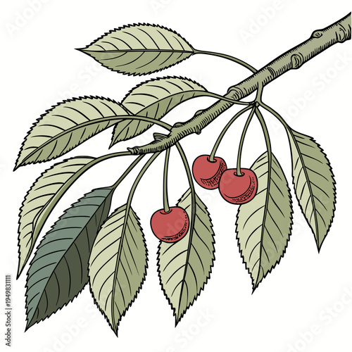 Vector illustration of cherry branch with leaves and fruit