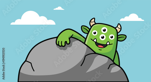 A happy, green, three-eyed creature with horns peeks over a rock