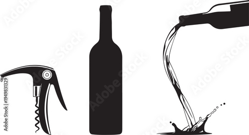 Wine Bottle Pouring Liquid Splash and Corkscrew Elements Vector Silhouette Isolated on white background