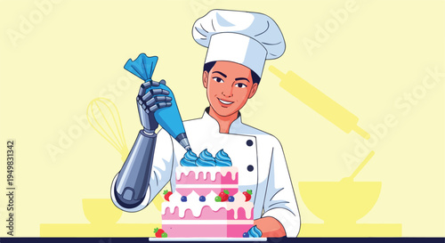 Chef with robotic arm decorates cake with blue frosting and berries