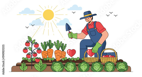 A farmer harvests vegetables under a bright sun, gathering produce into baskets