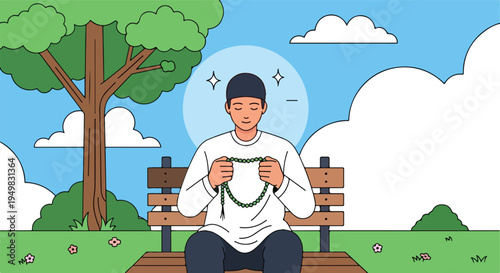 A person sits on a park bench, holding prayer beads under a tree