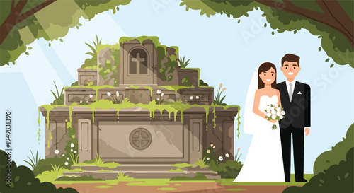 Happy wedding couple poses by an overgrown, ancient stone monument