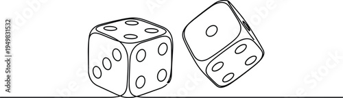 Minimalist continuous single line drawing of two gambling dice, gaming cubes with spots, modern graphic vector illustration, isolated on white background,