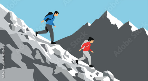 Two hikers descend a rocky, snow-dusted mountainside under a clear blue sky