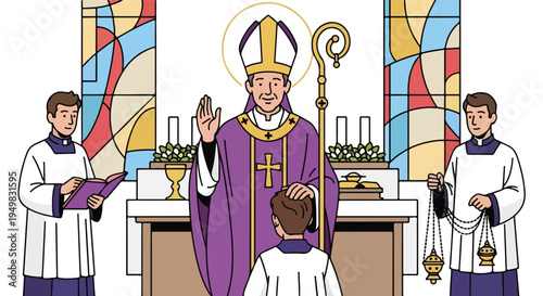 Religious ceremony with bishop, acolytes, and stained glass windows