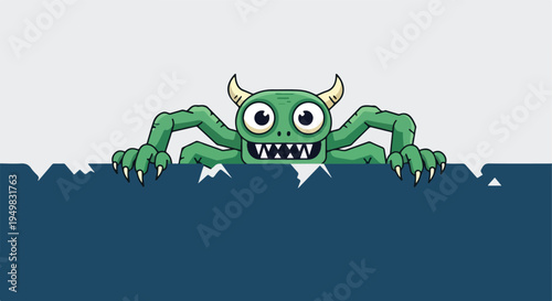 A cartoon green monster with horns and claws peeks over a blue ledge