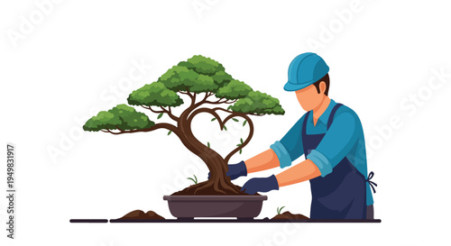 Gardener meticulously shapes a heart-branched bonsai tree with care