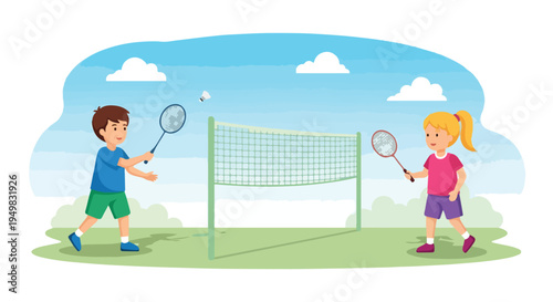 Two children play badminton on a sunny day with fluffy clouds above