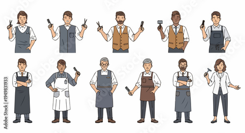 Diverse Collection of Professional Barber and Hairstylist Characters with Grooming Tools for Salon and Barbershop Concepts